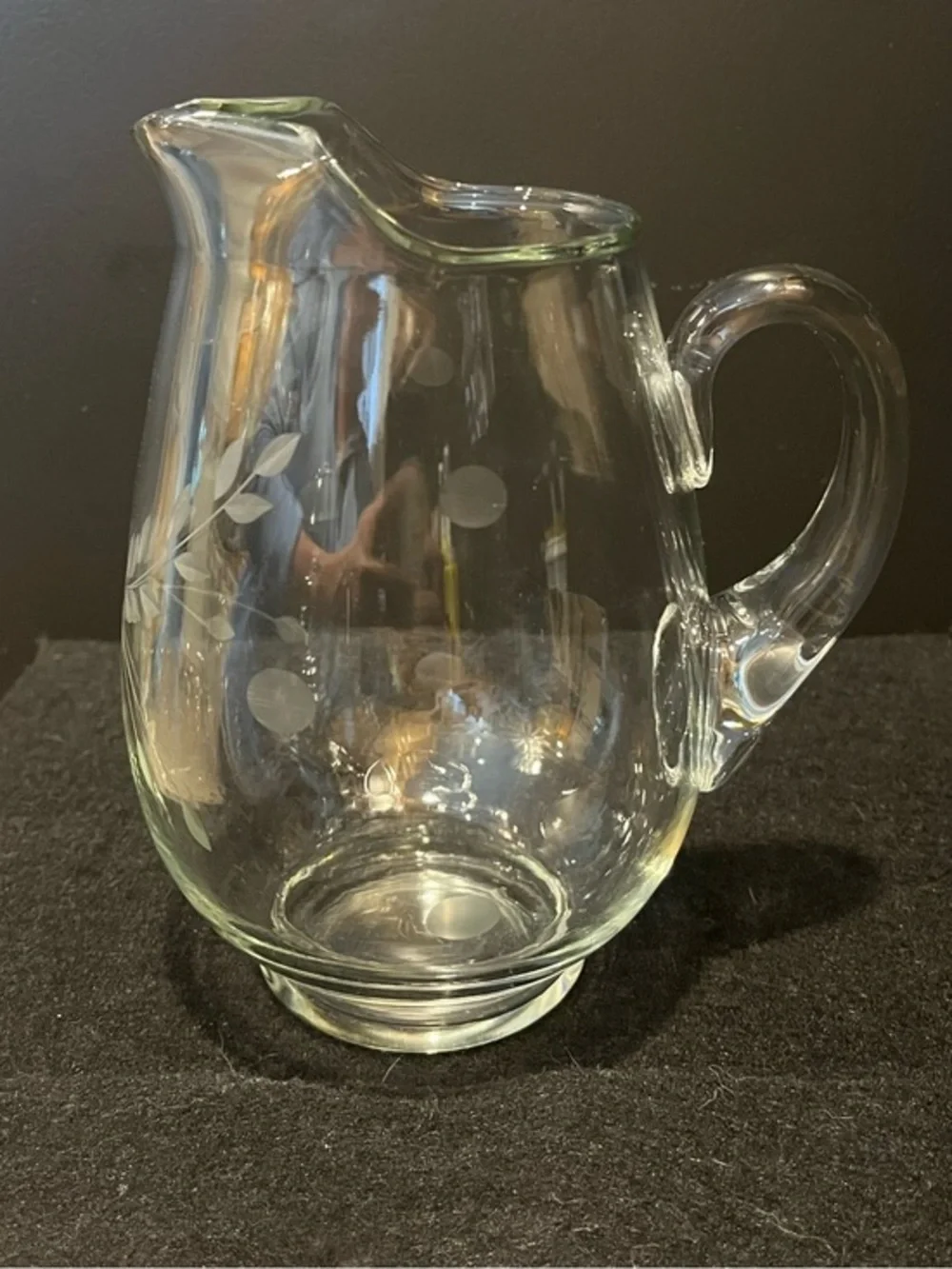 Vintage Clear Glass Pitcher with Delicate Etched Floral and Leaf Motif 4.5 Cup